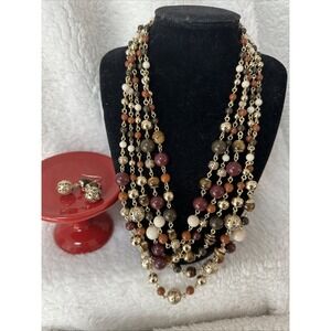 Talbots 5 Strand Gold Brown Tone Necklace + Earring Set Boho Vintage 70's Fall
